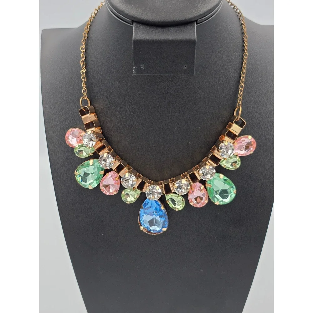 Multicolor‎ Statement Bib Necklace Gold Tone Teardrop Round Faceted Rhinestone